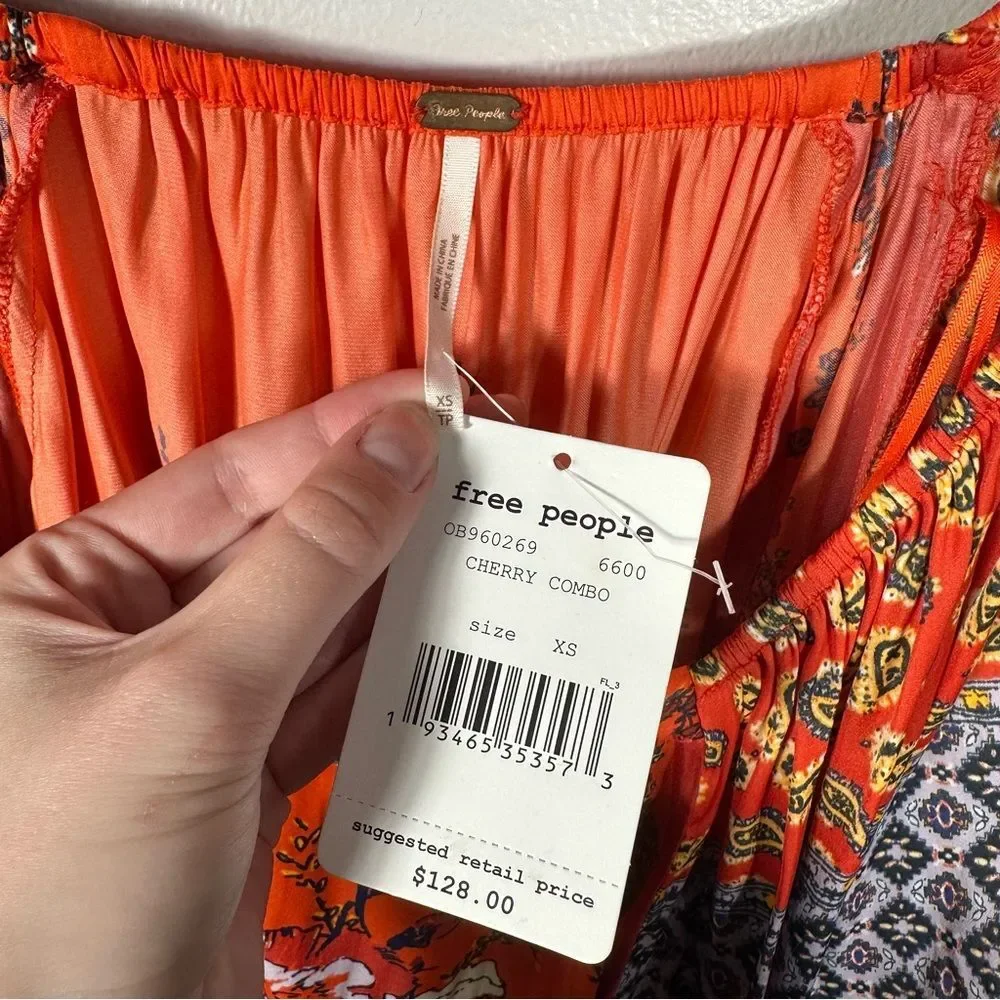 Free People Positano Print Blouse NWT Size XS Cherry Combo Boho Spring Chic